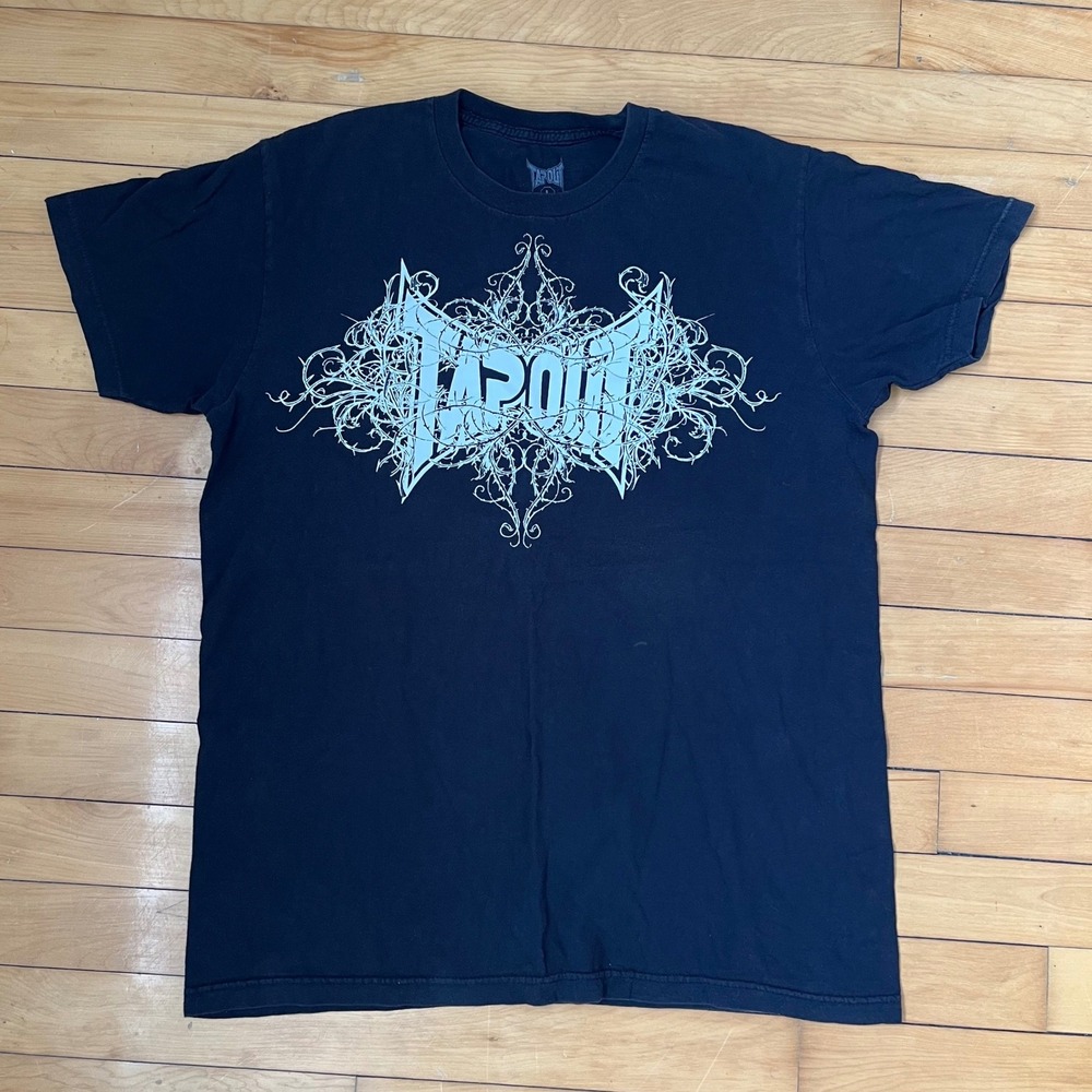 Tapout Graphic T-Shirt Mens Large Black Blue Tribal Logo MMA Y2K Short Sleeve